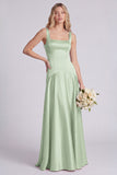 Eucalyptus Square Neck A Line Satin Long Bridesmaid Dress