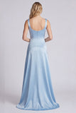 Eucalyptus Square Neck A Line Satin Long Bridesmaid Dress