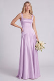 Eucalyptus Square Neck A Line Satin Long Bridesmaid Dress