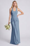 Light Blue Halter Ruched Mermaid Corset Bridesmaid Dress