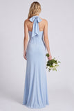 Light Blue Halter Ruched Mermaid Corset Bridesmaid Dress