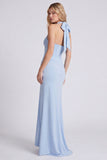 Light Blue Halter Ruched Mermaid Corset Bridesmaid Dress