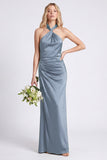 Green Halter Mermaid Ruched Long Bridesmaid Dress