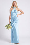 Green Halter Mermaid Ruched Long Bridesmaid Dress