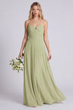 Dusty Sage A Line Spaghetti Straps Chiffon Bridesmaid Dress