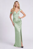 Off the Shoulder Mermaid Satin Burgundy Bridesmaid Dress with Slit