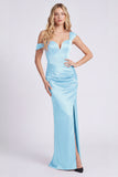 Off the Shoulder Mermaid Satin Burgundy Bridesmaid Dress with Slit