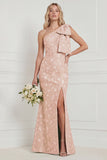 One Shoulder Sage Floral Jacquard Mermaid Bridesamid Dress with Slit