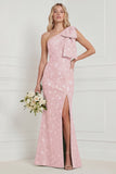 One Shoulder Sage Floral Jacquard Mermaid Bridesamid Dress with Slit