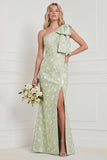 One Shoulder Sage Floral Jacquard Mermaid Bridesamid Dress with Slit