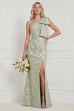 One Shoulder Sage Floral Jacquard Mermaid Bridesamid Dress with Slit