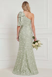 One Shoulder Sage Floral Jacquard Mermaid Bridesamid Dress with Slit