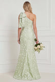 One Shoulder Sage Floral Jacquard Mermaid Bridesamid Dress with Slit