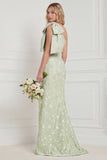 One Shoulder Sage Floral Jacquard Mermaid Bridesamid Dress with Slit