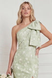 One Shoulder Sage Floral Jacquard Mermaid Bridesamid Dress with Slit