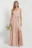Sage A Line Square Neck Floral Jacquard Bridesmaid Dress with Slit