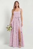 Sage A Line Square Neck Floral Jacquard Bridesmaid Dress with Slit