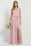 Sage A Line Square Neck Floral Jacquard Bridesmaid Dress with Slit