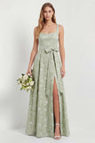 Sage A Line Square Neck Floral Jacquard Bridesmaid Dress with Slit