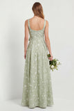 Sage A Line Square Neck Floral Jacquard Bridesmaid Dress with Slit