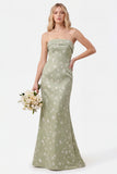 Strapless Mermaid Sage Floral Jacquard Bridesmaid Dress