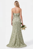 Strapless Mermaid Sage Floral Jacquard Bridesmaid Dress