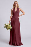 Halter A Line Sage Pleated Bridesmaid Dress
