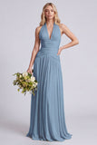 Halter A Line Sage Pleated Bridesmaid Dress