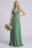 Halter A Line Sage Pleated Bridesmaid Dress
