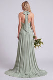 Halter A Line Sage Pleated Bridesmaid Dress