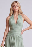 Halter A Line Sage Pleated Bridesmaid Dress