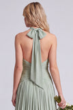 Halter A Line Sage Pleated Bridesmaid Dress