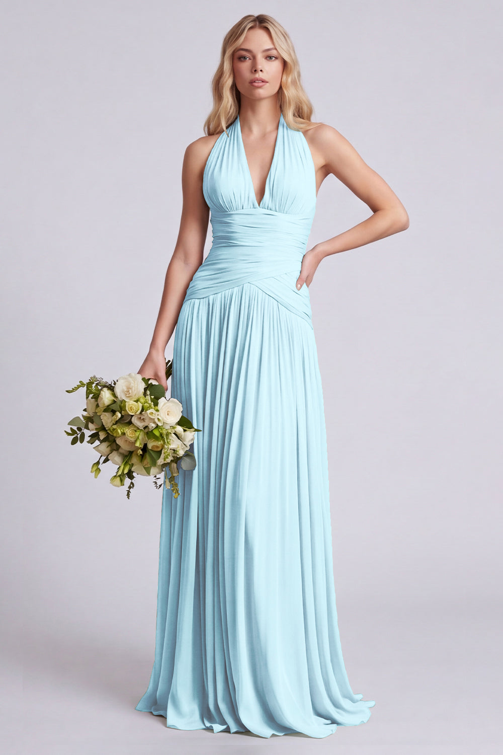 Wedtrend Women Halter Sage Bridesmaid Dress A Line Pleated Long Wedding Guest Dress, Dusty Blue / US10