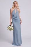 Light Blue Halter Backless Mermaid Bridesmaid Dress