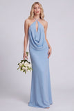Light Blue Halter Backless Mermaid Bridesmaid Dress