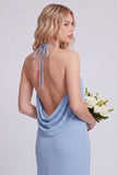 Light Blue Halter Backless Mermaid Bridesmaid Dress