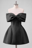 Blush Pink Off the Shoulder Bow A Line Satin Homecoming Dress with Lace-up Back