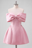 Blush Pink Off the Shoulder Bow A Line Satin Homecoming Dress with Lace-up Back