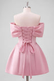 Blush Pink Off the Shoulder Bow A Line Satin Homecoming Dress with Lace-up Back