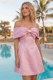 Blush Pink Off the Shoulder Bow A Line Satin Homecoming Dress with Lace-up Back