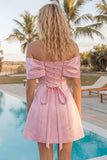 Blush Pink Off the Shoulder Bow A Line Satin Homecoming Dress with Lace-up Back