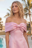 Blush Pink Off the Shoulder Bow A Line Satin Homecoming Dress with Lace-up Back
