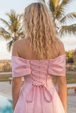 Blush Pink Off the Shoulder Bow A Line Satin Homecoming Dress with Lace-up Back