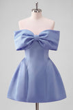 Blush Pink Off the Shoulder Bow A Line Satin Homecoming Dress with Lace-up Back
