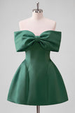 Blush Pink Off the Shoulder Bow A Line Satin Homecoming Dress with Lace-up Back