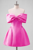 Blush Pink Off the Shoulder Bow A Line Satin Homecoming Dress with Lace-up Back