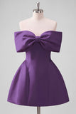 Blush Pink Off the Shoulder Bow A Line Satin Homecoming Dress with Lace-up Back