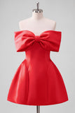 Blush Pink Off the Shoulder Bow A Line Satin Homecoming Dress with Lace-up Back