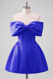 Blush Pink Off the Shoulder Bow A Line Satin Homecoming Dress with Lace-up Back