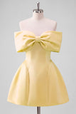 Blush Pink Off the Shoulder Bow A Line Satin Homecoming Dress with Lace-up Back